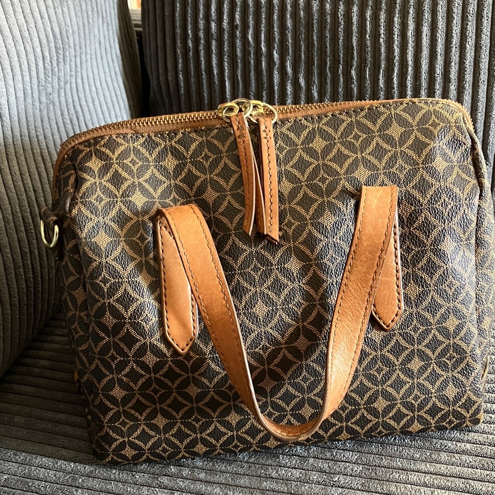 Fossil Sydney Brown Heritage Logo PVC Leather Trim Satchel